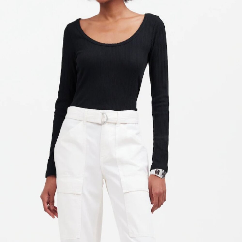 Madewell Pointelle Long-Sleeve Scoopneck Tee - Black - Size Medium